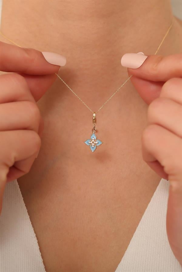 14K Solid Gold Turquoise Lotus Flower Necklace