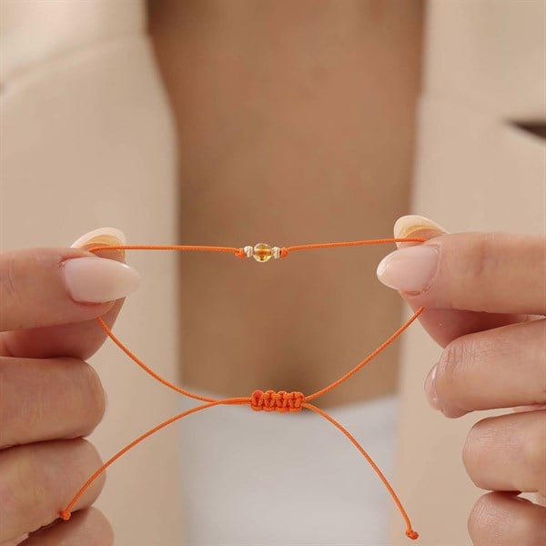 14 Ayar Altın Turuncu İpli Doğal Sitrin Taşlı Çift Dorika Bileklik