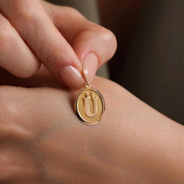 14K Solid Gold U Letter Oval Pendant