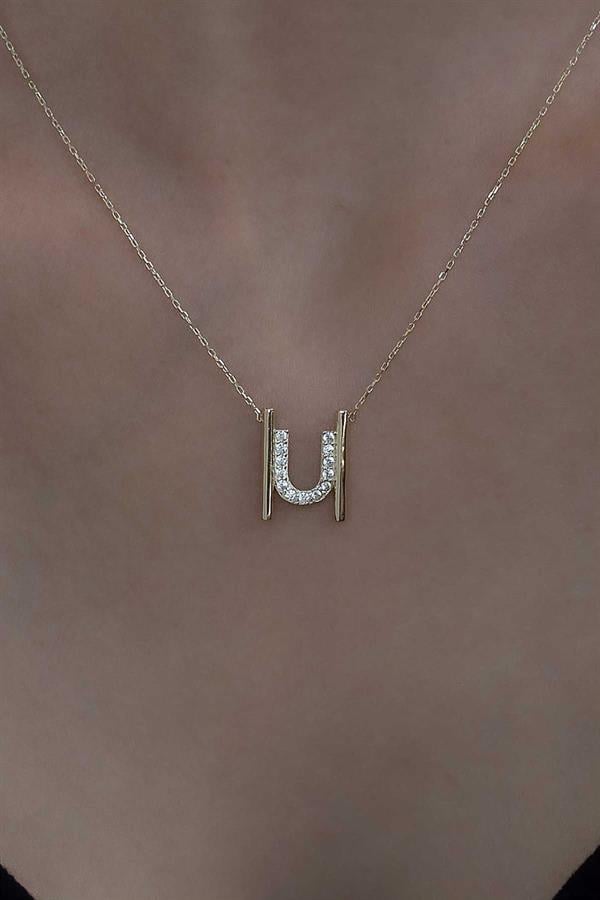 14 Ayar Altın U Harfi Taşlı Kolye