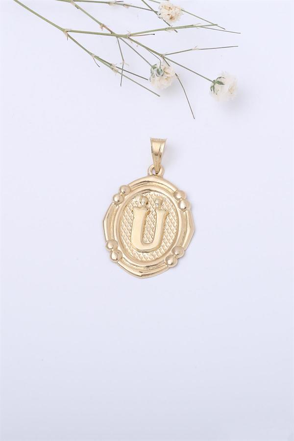 14 Ayar Altın Ü Harfli Retro Kolye Ucu