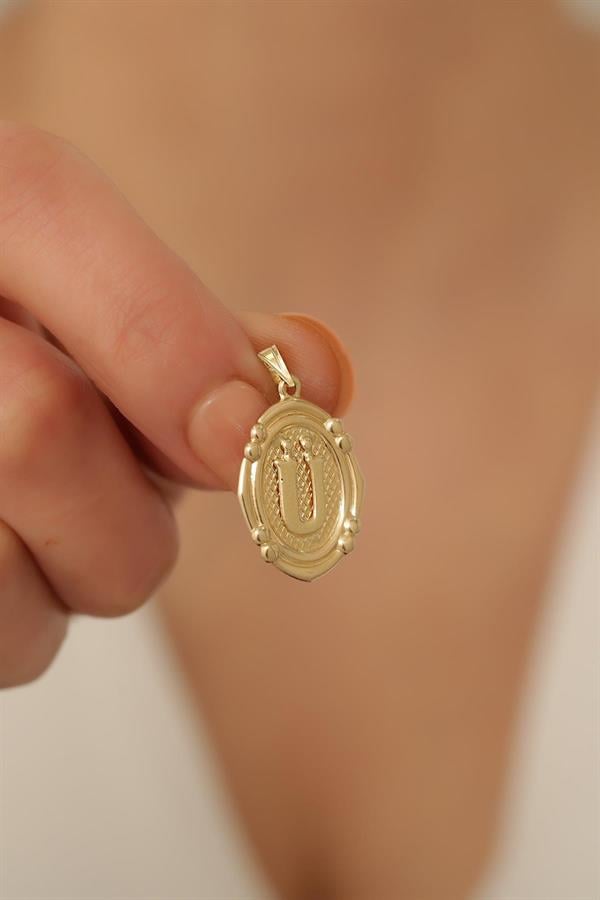 14 Ayar Altın Ü Harfli Retro Kolye Ucu