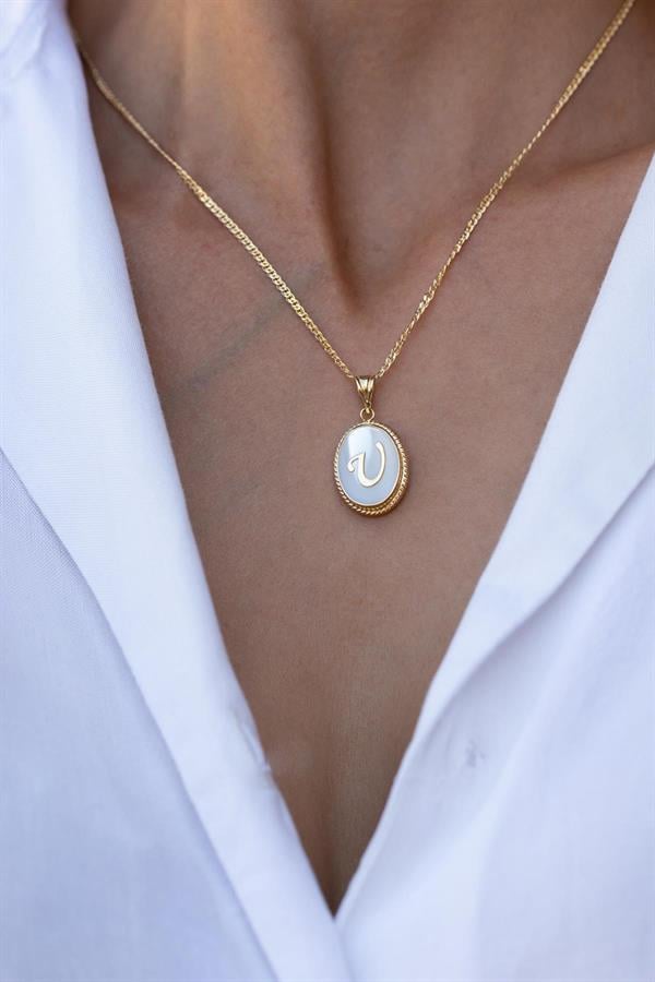 14 Ayar Altın U Harfli Sedef Kolye