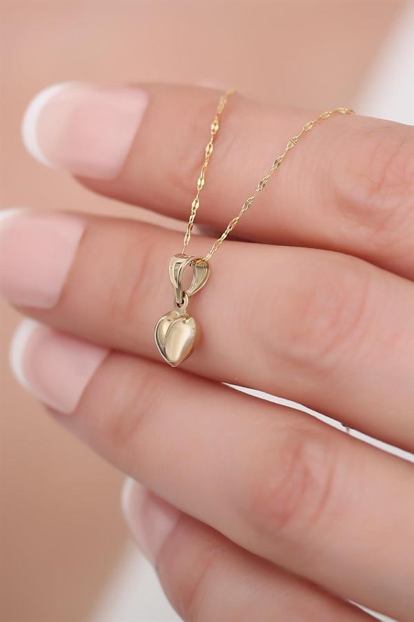 14 Ayar Altın Üç Boyutlu Kalp Kolye