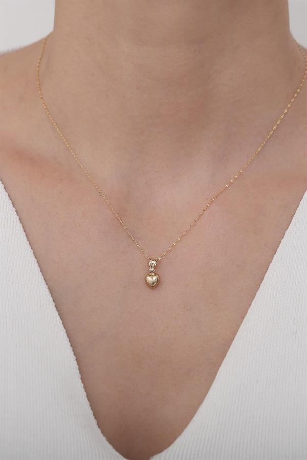 14 Ayar Altın Üç Boyutlu Kalp Kolye