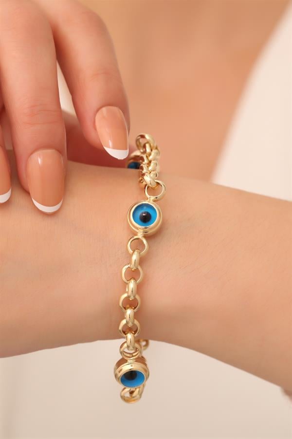 14 Ayar Altın Üç Gözlü Kalın Mavi Doç Bileklik