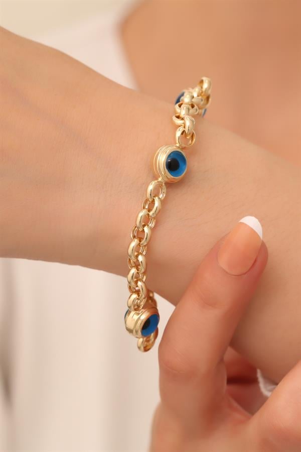 14 Ayar Altın Üç Gözlü Kalın Mavi Doç Bileklik