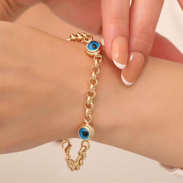 14 Ayar Altın Üç Gözlü Mavi Doç Bileklik