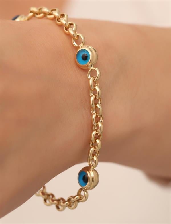 14 Ayar Altın Üç Gözlü Orta Kalın Mavi Doç Bileklik