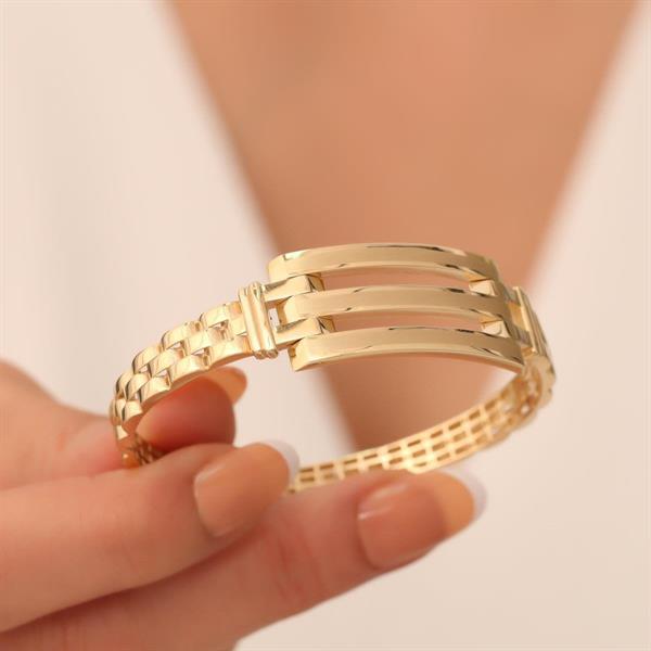 14 Ayar Altın Üç Sıra Kaburga Kelepçe Bilezik