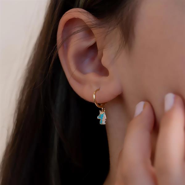 14 Ayar Altın Unicorn Figürlü Çocuk Halka Küpe