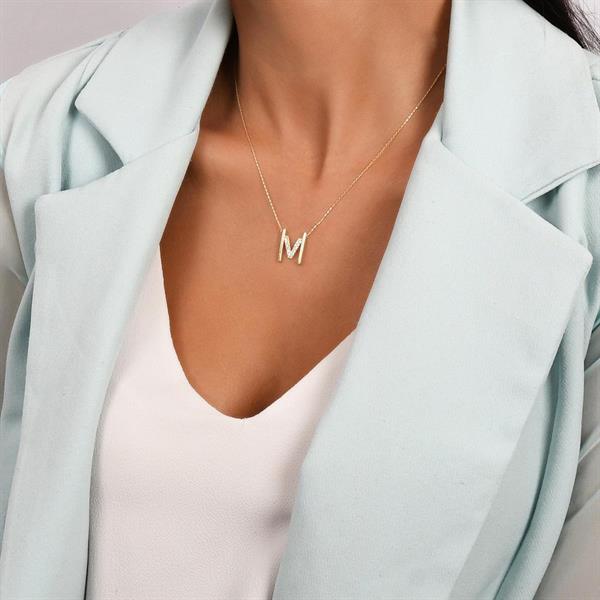 14 Ayar Altın V Harfi Taşlı Kolye