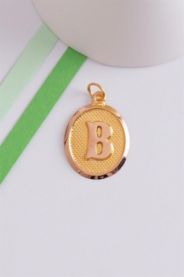 14K Solid Gold B Letter Oval Pendant