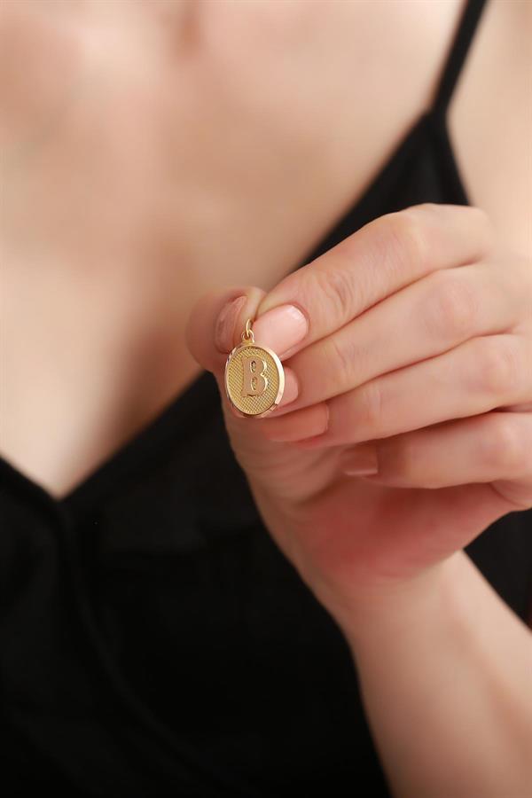 14K Solid Gold B Letter Oval Pendant