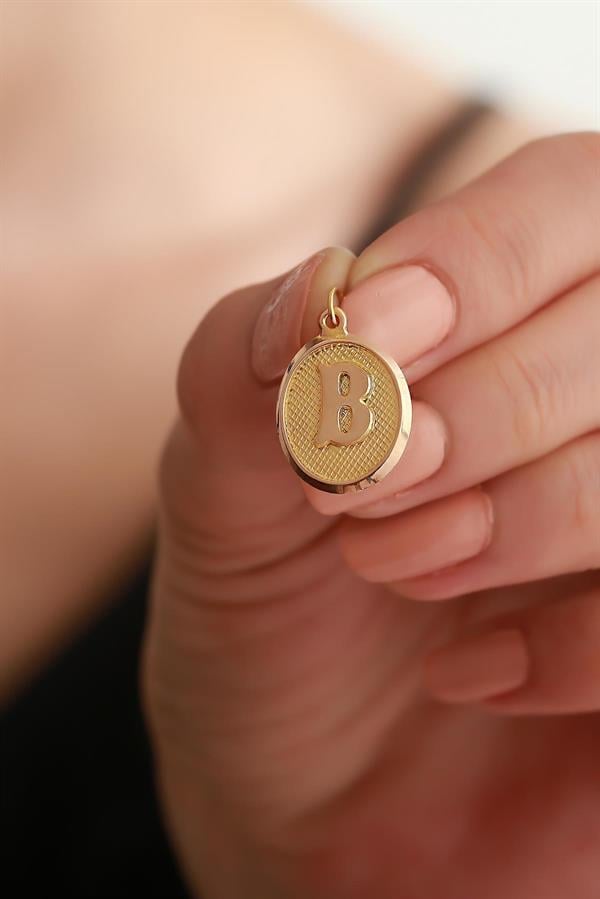 14K Solid Gold B Letter Oval Pendant