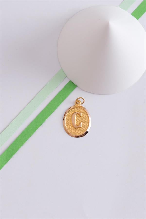 14K Solid Gold C Letter Oval Pendant