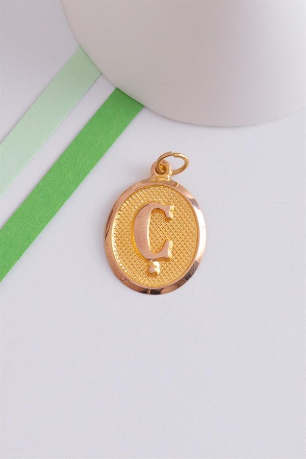 14K Solid Gold Letter C Oval Pendant