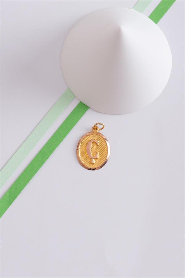 14K Solid Gold Letter C Oval Pendant