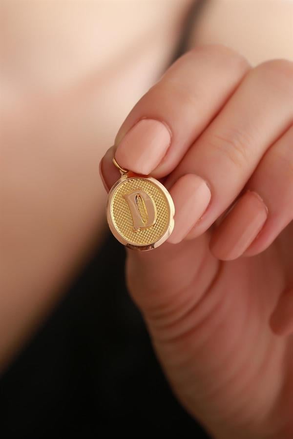 14K Solid Gold D Letter Oval Pendant