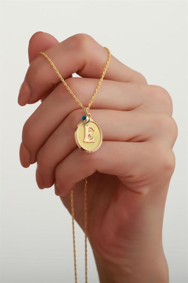 14 Ayar Altın E Harf Oval Kolye