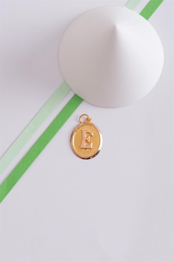 14K Solid Gold E Letter Oval Pendant