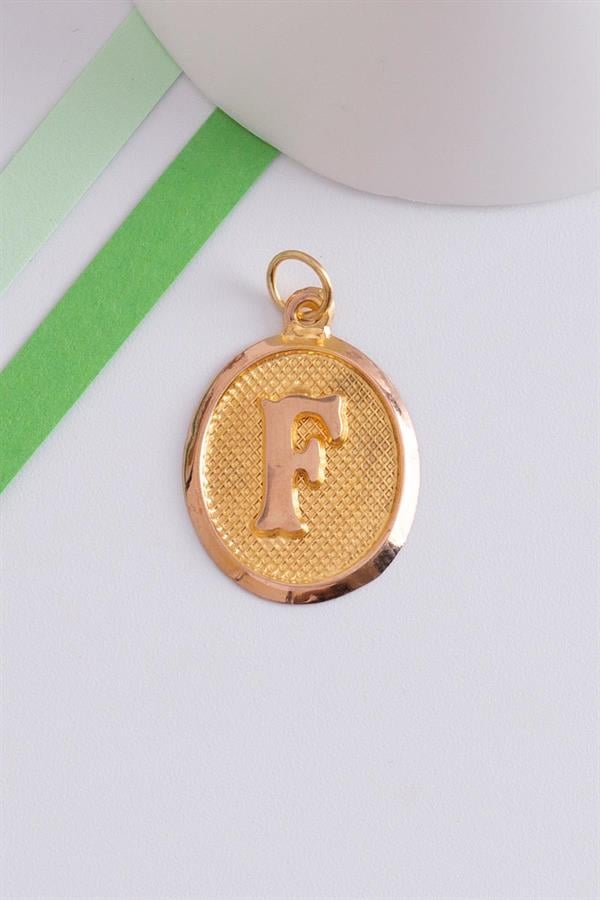 14K Solid Gold F Letter Oval Pendant
