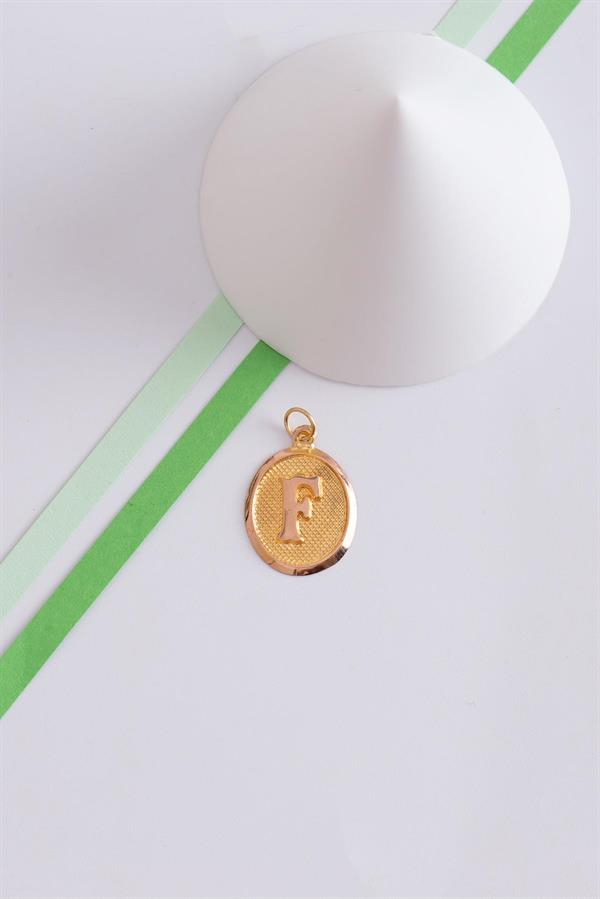 14K Solid Gold F Letter Oval Pendant