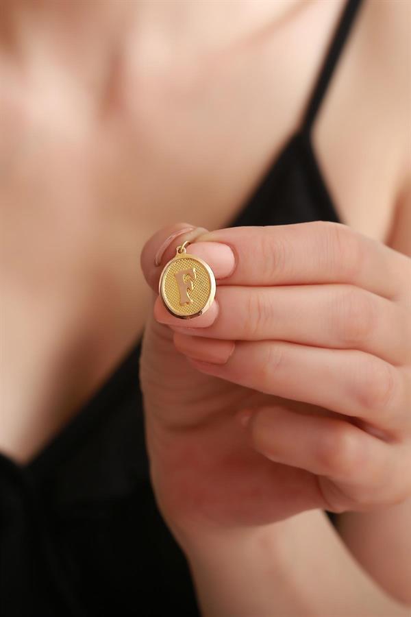 14K Solid Gold F Letter Oval Pendant