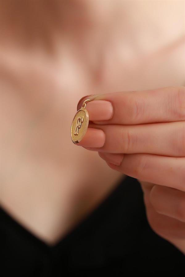 14K Solid Gold F Letter Oval Pendant