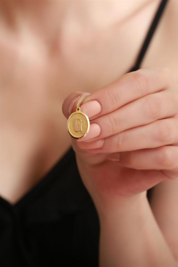 14K Solid Gold G Letter Oval Pendant