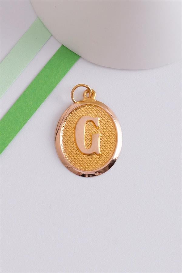 14K Solid Gold G Letter Oval Pendant