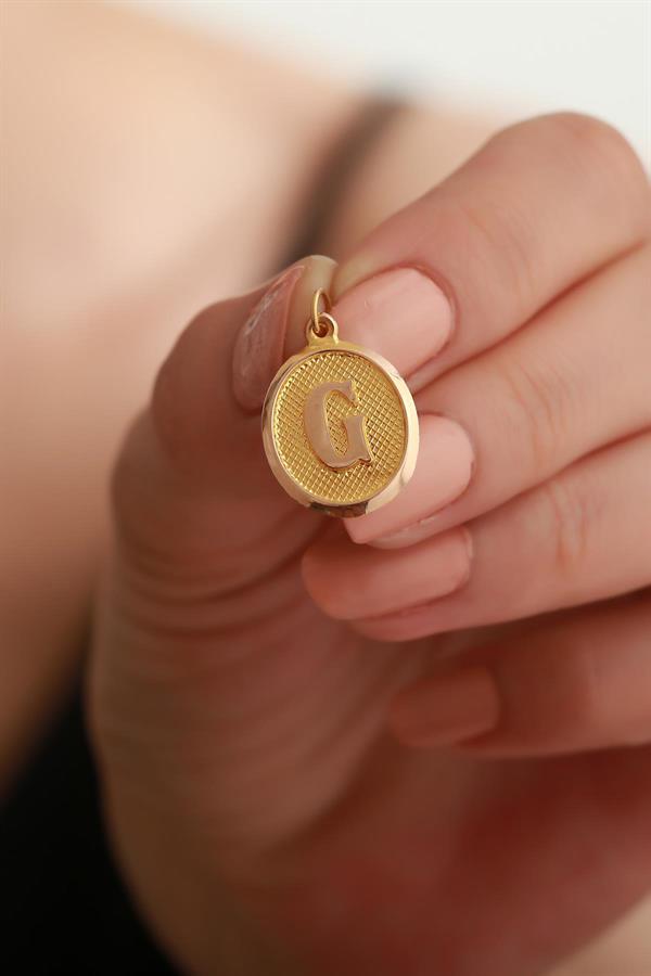 14K Solid Gold G Letter Oval Pendant
