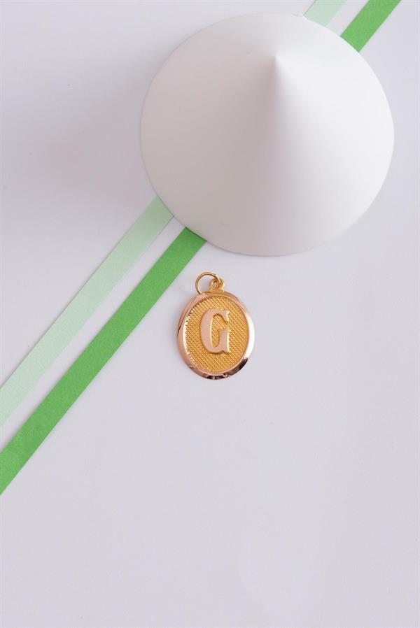 14K Solid Gold G Letter Oval Pendant