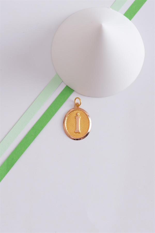 14K Solid Gold I Letter Oval Pendant