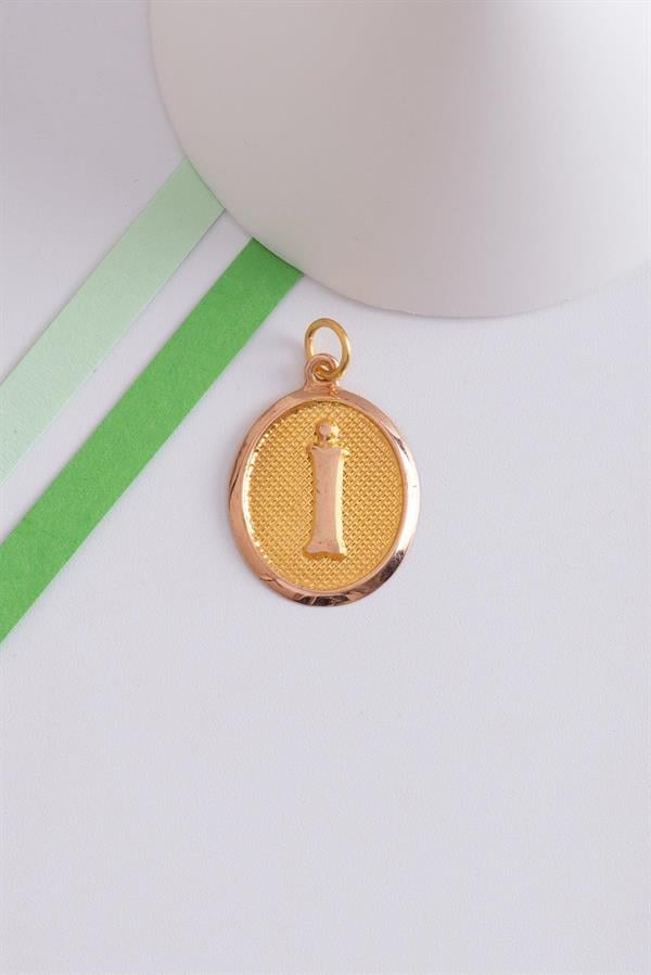 14K Solid Gold I Letter Oval Pendant