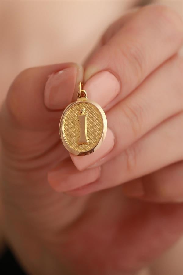 14K Solid Gold I Letter Oval Pendant