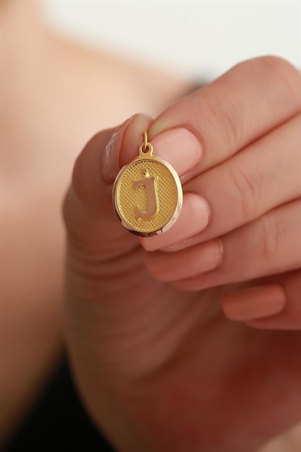 14K Solid Gold J Letter Oval Pendant