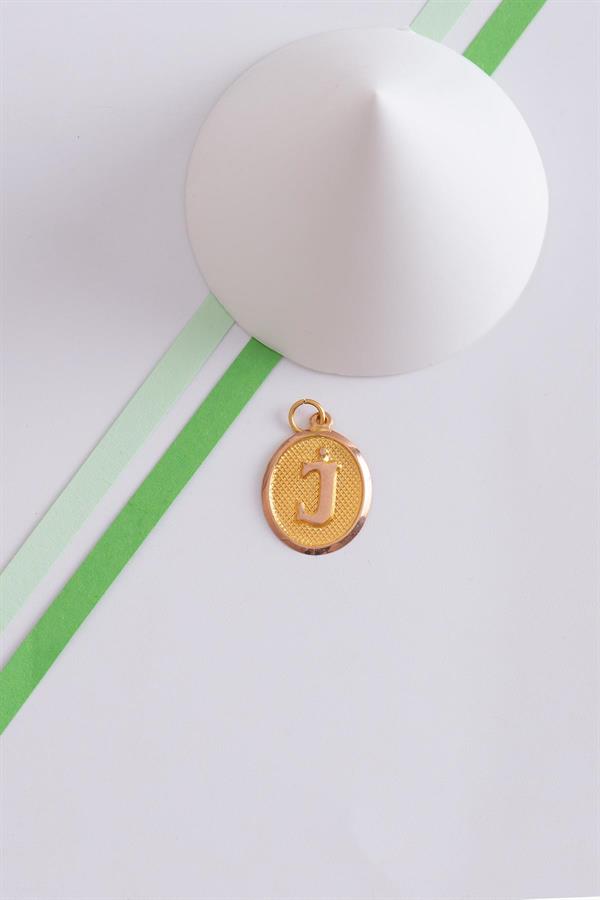 14K Solid Gold J Letter Oval Pendant