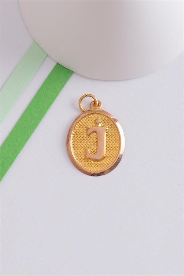 14K Solid Gold J Letter Oval Pendant