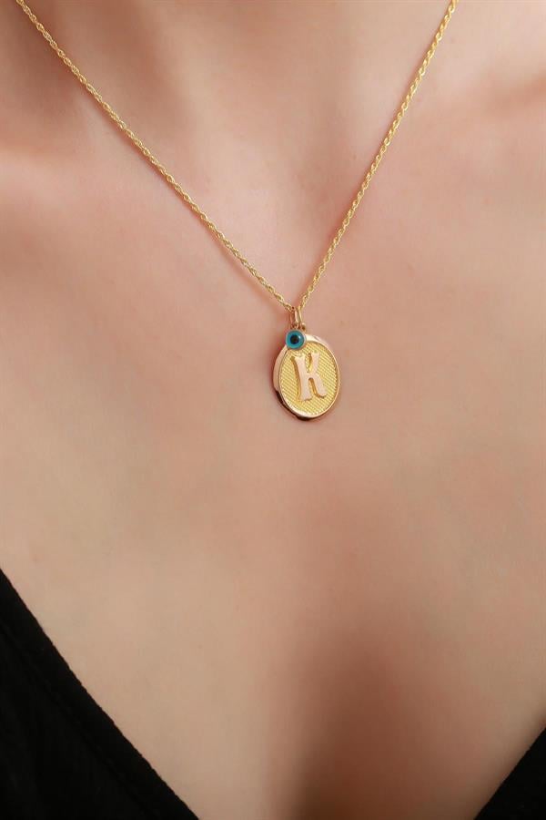 14 Ayar Altın K Harf Oval Kolye