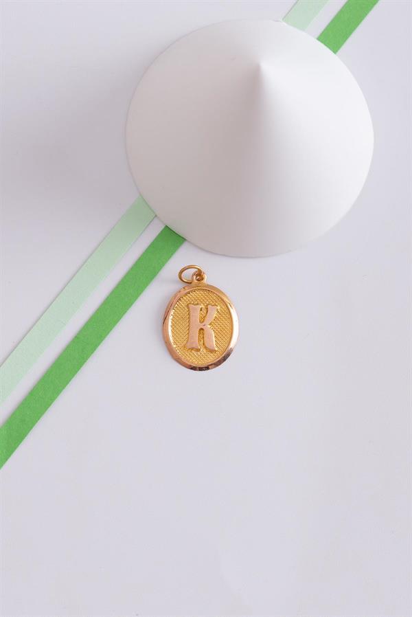 14K Solid Gold K Letter Oval Pendant