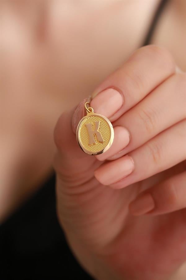 14K Solid Gold K Letter Oval Pendant