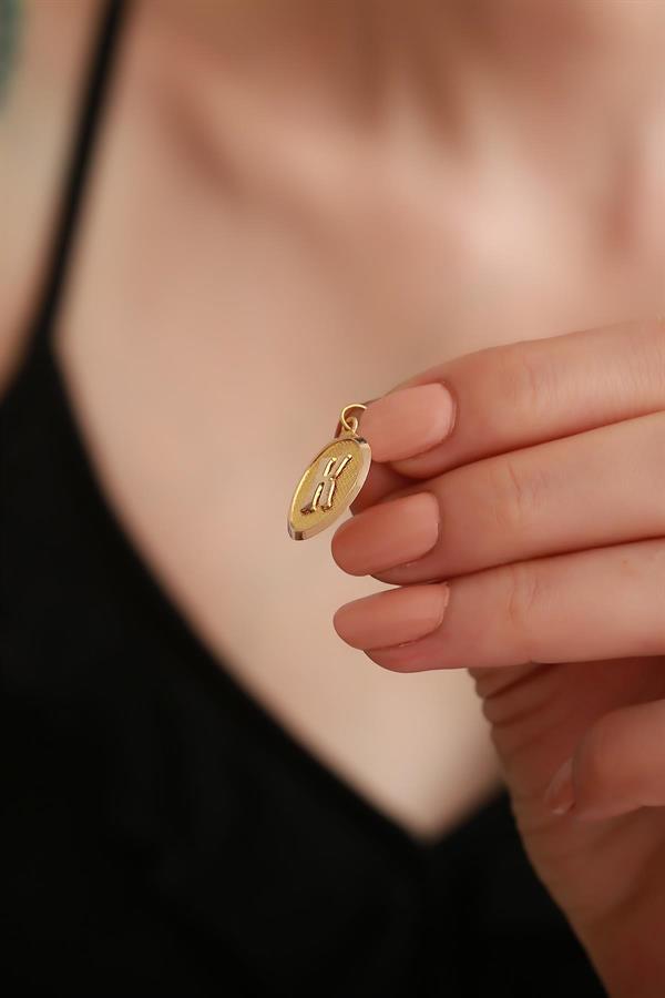 14K Solid Gold K Letter Oval Pendant