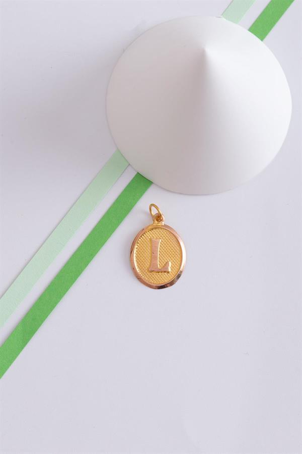 14K Solid Gold L Letter Oval Pendant