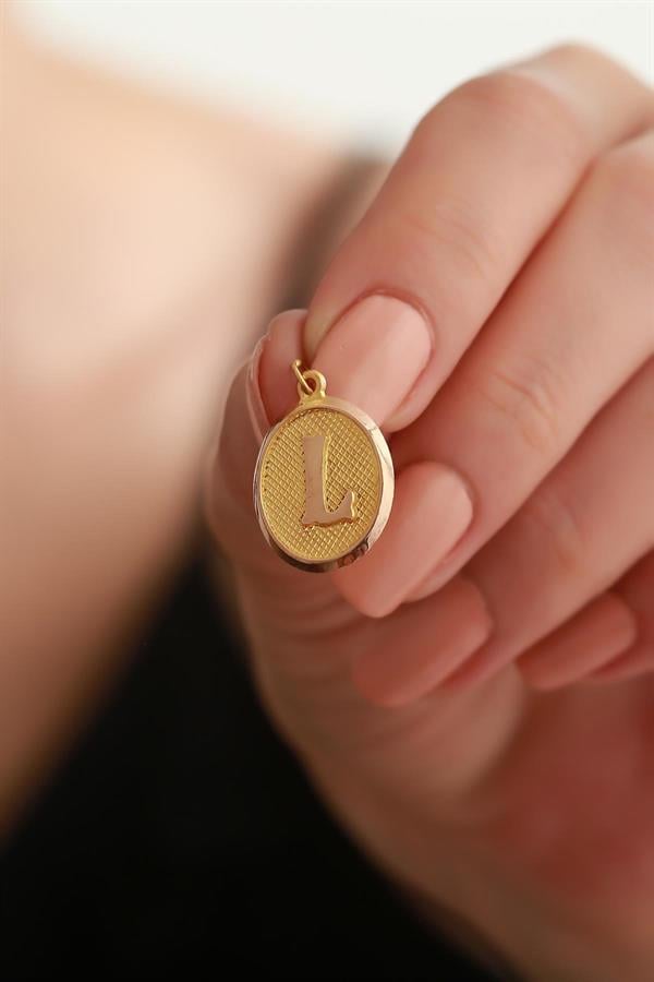 14K Solid Gold L Letter Oval Pendant