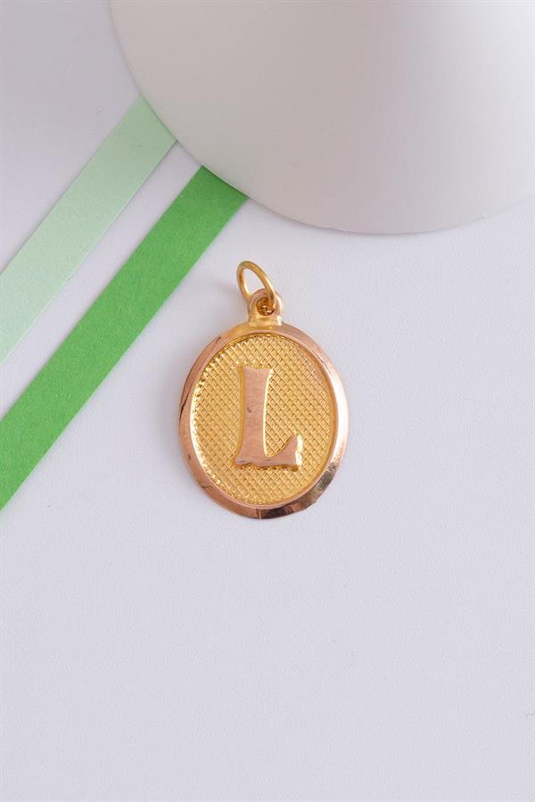 14K Solid Gold L Letter Oval Pendant