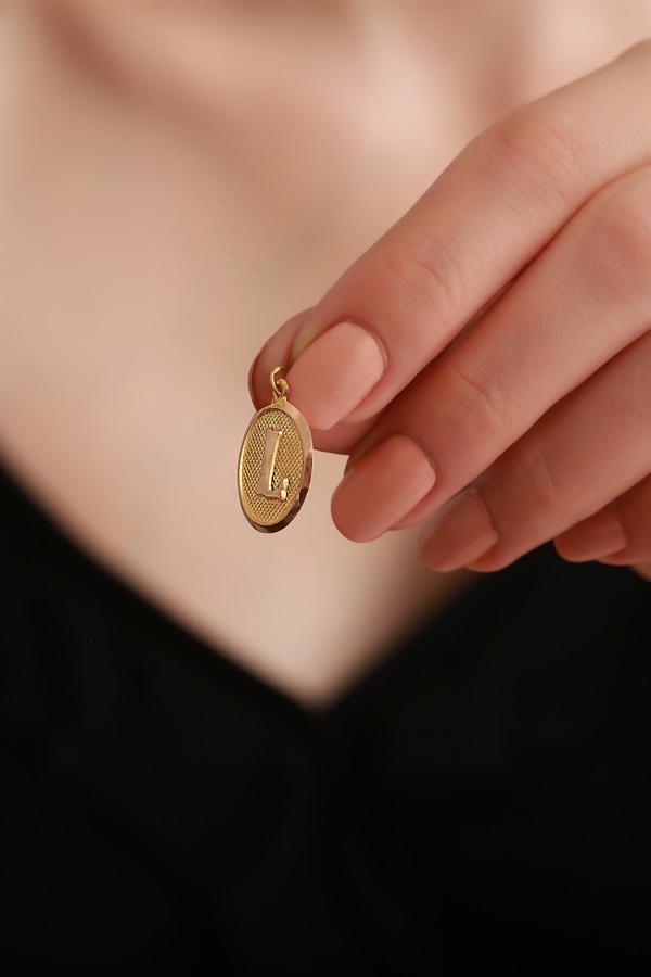 14K Solid Gold L Letter Oval Pendant