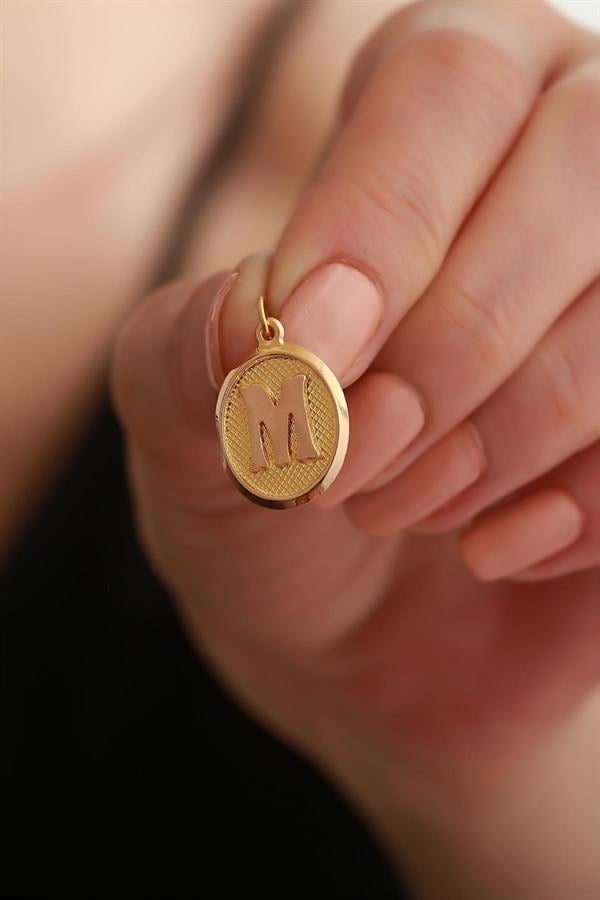 14K Solid Gold M Letter Oval Pendant