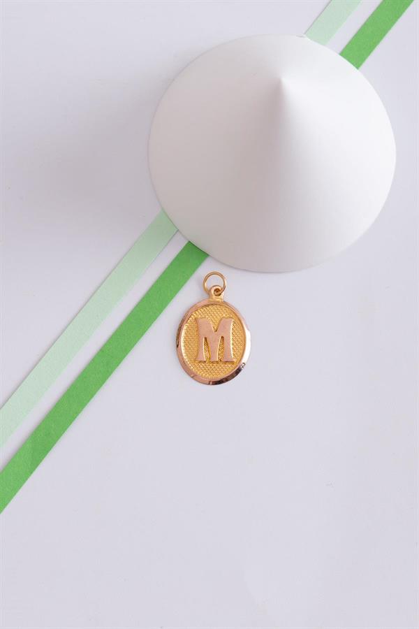 14K Solid Gold M Letter Oval Pendant