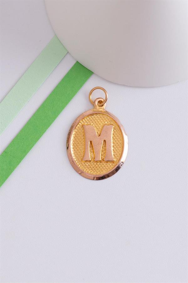 14K Solid Gold M Letter Oval Pendant